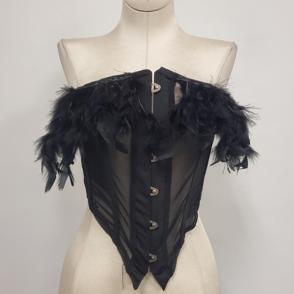 Feather Black Corset Top Size M Glam Art to Wear Avante Garde Witchy Cosplay